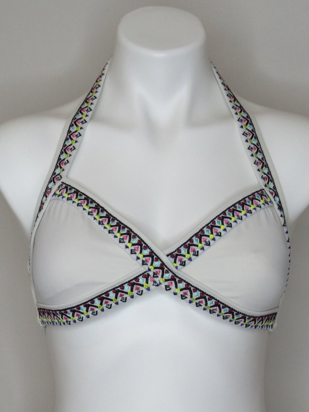 Victoria's Secret White Geometric Embroidered Trim Triangle Halter Bikini Top M